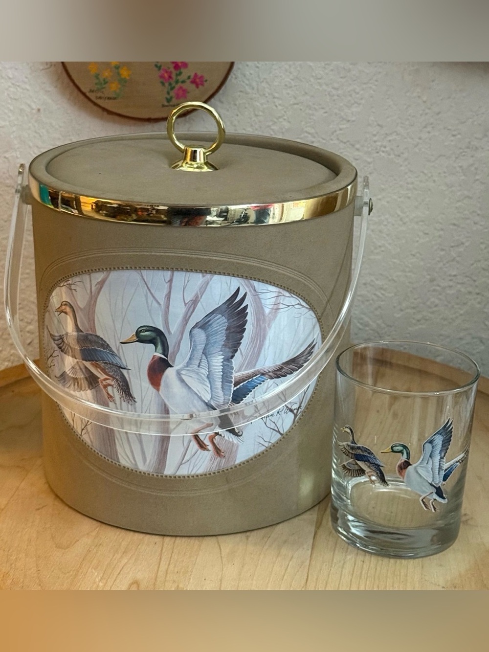 Vintage Norman Wamer Mallard Duck Ice Bucket and Whiskey Glass